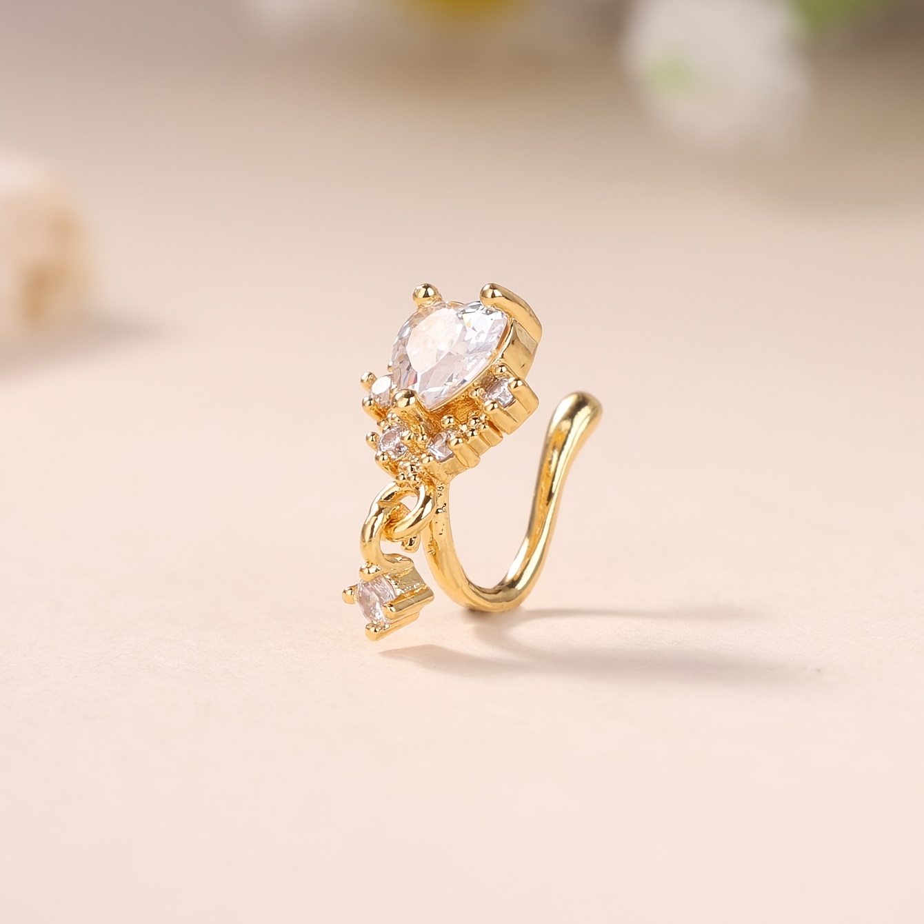 Copper Clip-On Zirconia Heart-Shaped Nose Ring, Non-Piercing